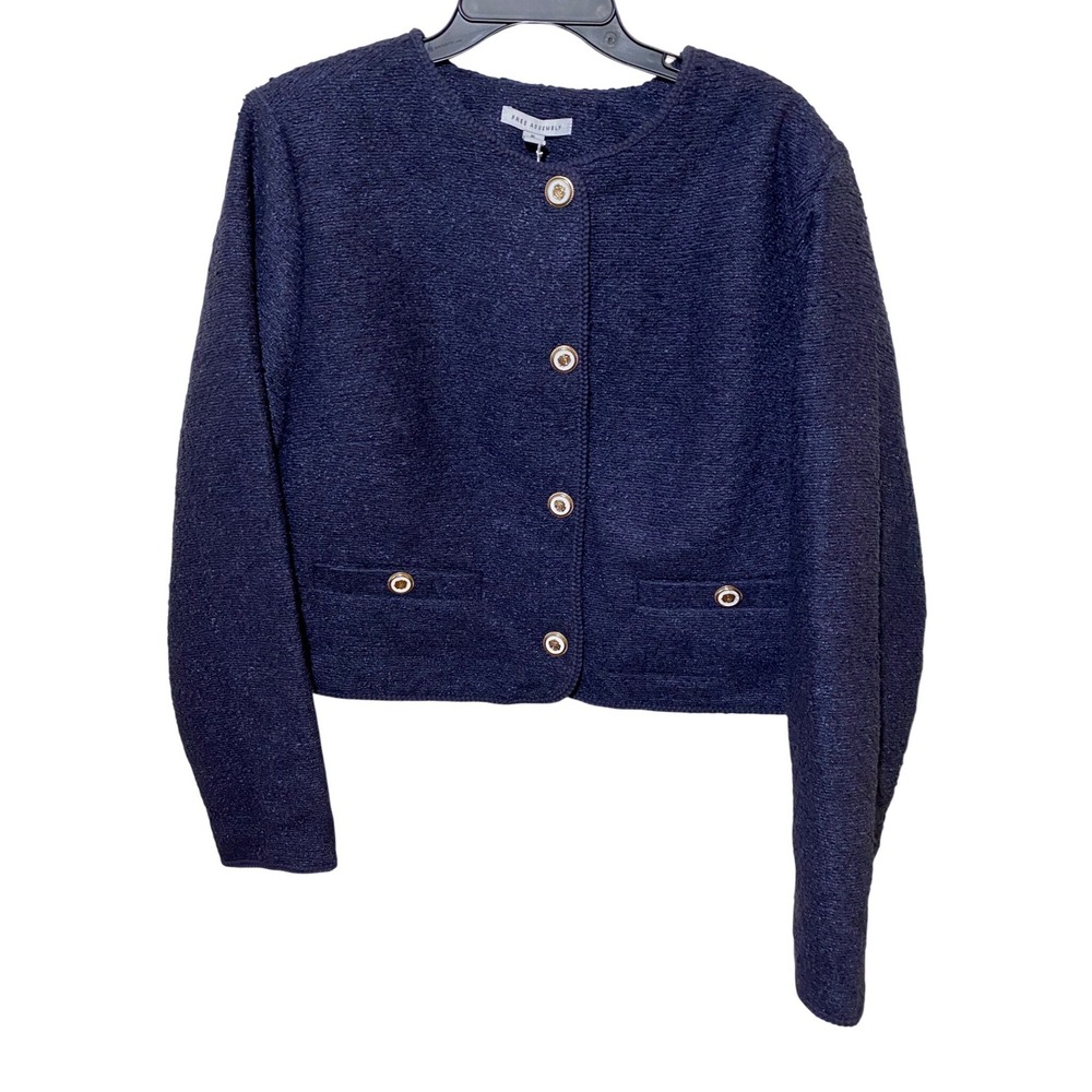 Free Assembly Womens XL Navy Blue Boucle Knit Cropped Crew‎ Neck Jacket NWT